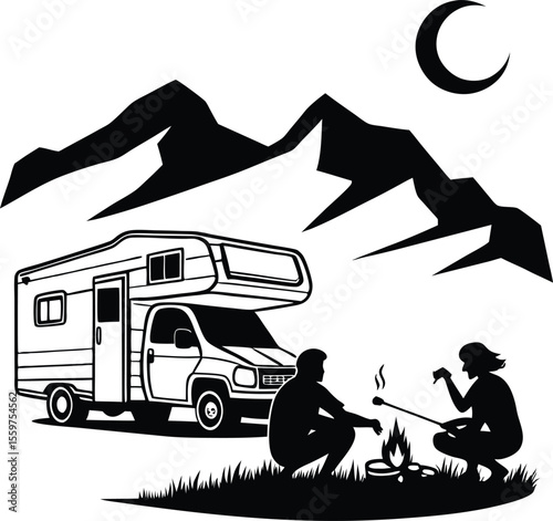 Couple Camping with RV near Campfire under Moonlight in Mountain Silhouette