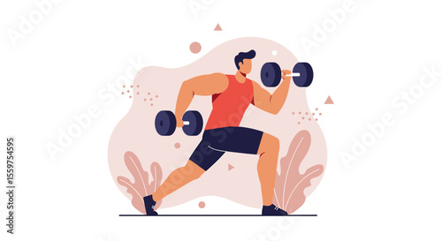 a man in a red tank top and black shorts, actively engaged in weightlifting with dumbbells in his hands. Suitable for landing page, banner, marketing, web design, presentation, infographic, etc.