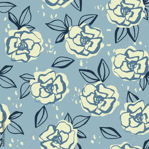 Seamless floral vector pattern with hand-drawn roses in navy blue and cream tones. Suitable for fabric prints, packaging design, stationery, and elegant background use.