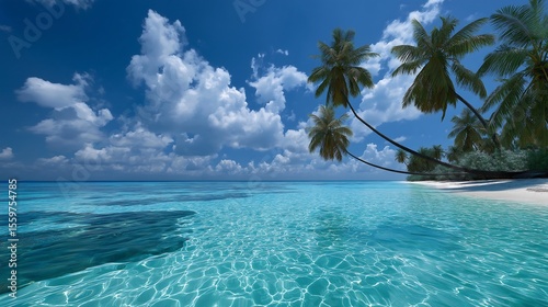 Fototapeta Naklejka Na Ścianę i Meble -  Tropical Paradise Crystal Clear Waters, Palm Trees, and White Sand Beach