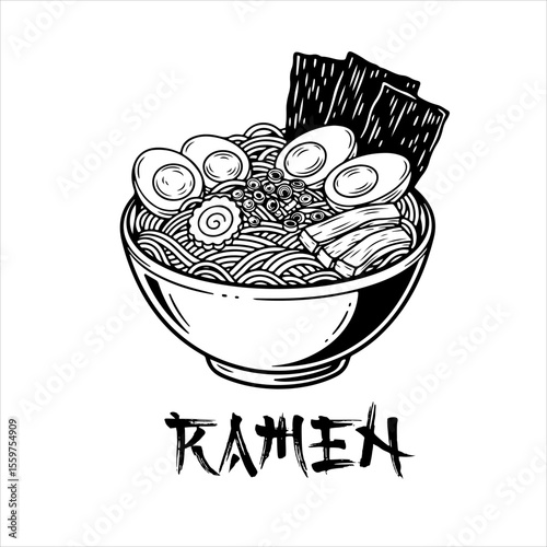 Black and white illustration of a bowl of ramen with noodles, eggs, meat, seaweed, and other toppings.