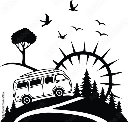 Camper Van Driving through Forest with Birds and Sunrise Silhouette