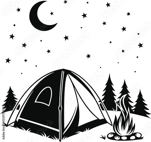 Camping Tent with Campfire under Night Sky and Pine Trees Silhouette