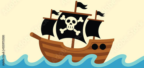 Cartoon Pirate Ship on the Ocean Waves