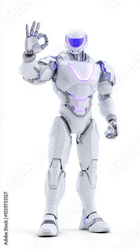 Futuristic humanoid robot with white armor and purple lights making OK hand gesture, symbolizing approval and advanced technology