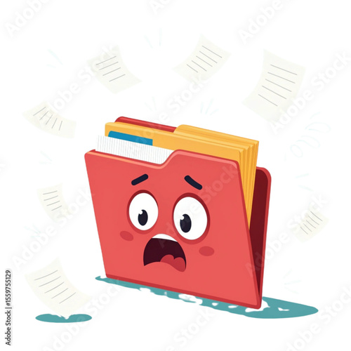 Funny 3D illustration of a yellow office folder with a panicked face and sweat drops. A playful vector icon representing stress, deadlines, and workplace anxiety in a cute style.