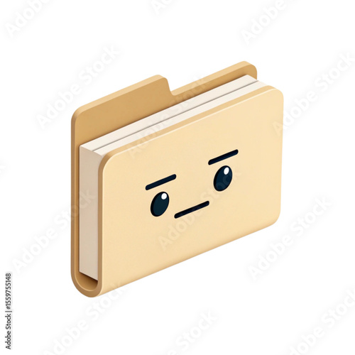 Cute 3D illustration of a beige office folder with a neutral face expression. Minimalist vector icon for workplace emotions and organization themes.