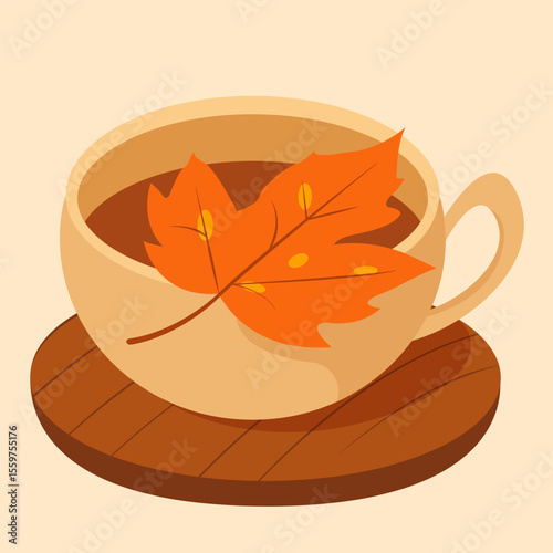 Autumn cup of tea with maple leaf on wooden coaster – part of seasonal fall clipart set