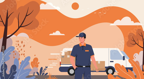 a delivery person standing next to a white van, with a backdrop of a landscape with trees, clouds, and a sun. Suitable for landing page, banner, marketing, web design, presentation, infographic, etc.