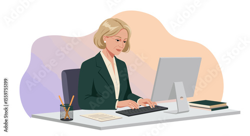 a woman in a business suit sitting at a desk, working on a computer with a keyboard and mouse in front of her. Suitable for landing page, banner, marketing, web design, presentation, infographic, etc.