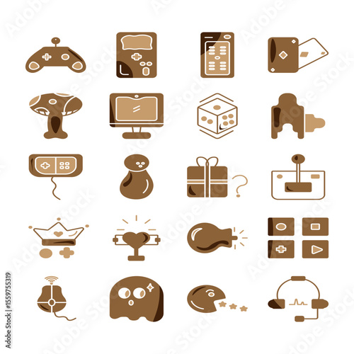 Set of solid brown game icons representing various gaming elements including joystick, gamepad, trophy, console, and VR headset. Designed in warm brown tones for use in digital projects, entertainment
