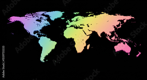 A colorful world map illustration with a black background showing all the continents clearly visible