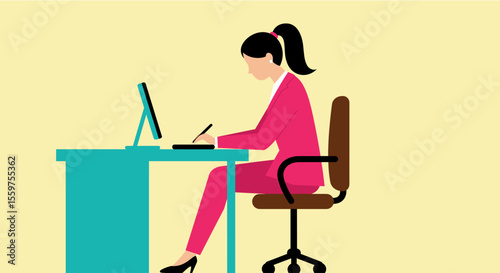 a woman in a pink suit sitting at a blue desk, using a computer with a stylized, flat design style. Suitable for landing page, banner, marketing, web design, presentation, infographic, etc.