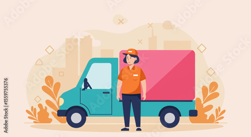 a delivery person standing next to a delivery truck with a pink cargo area. Suitable for landing page, banner, marketing, web design, presentation, infographic, etc.