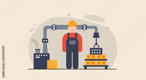 A male industrial worker in a yellow hardhat stands in front of a factory pipeline, overseeing a process involving boxes and a crane, symbolizing manufacturing and industry.