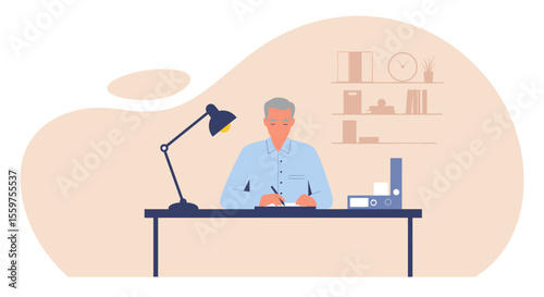 an older man sitting at a desk, writing with a pen, with a lamp and bookshelf in the background. Suitable for landing page, banner, marketing, web design, presentation, infographic, etc.