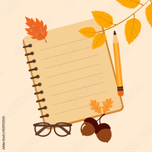 Vector autumn clipart with notebook, pencil, leaves and acorns
