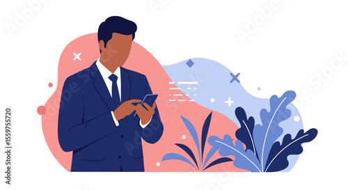 a man dressed in a suit, engrossed in his phone. Suitable for landing page, banner, marketing, web design, presentation, infographic, etc.