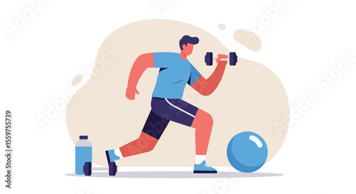 A young man is doing a fitness workout with dumbbells, lunges, and a fitness ball, promoting a healthy and active lifestyle.