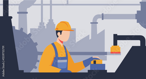 A male factory worker in a yellow uniform and helmet operates a machine in a large industrial plant, depicted in a flat vector illustration style.
