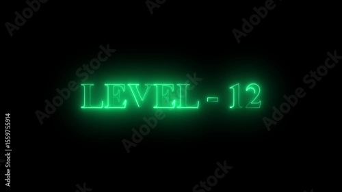 neon  text level 12  animation. text level up with cyan color effect on black background.
