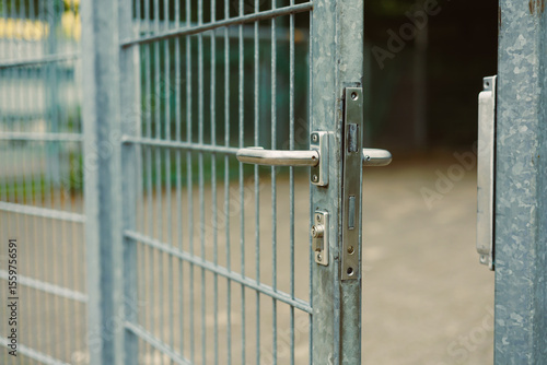 This is a closeup view of a robust metallic gate featuring a secure lock, which is presently in an open position, thereby facilitating easy passage and significantly improved access