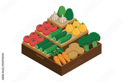 Fresh Produce Display Wooden Crate Isometric Illustration
