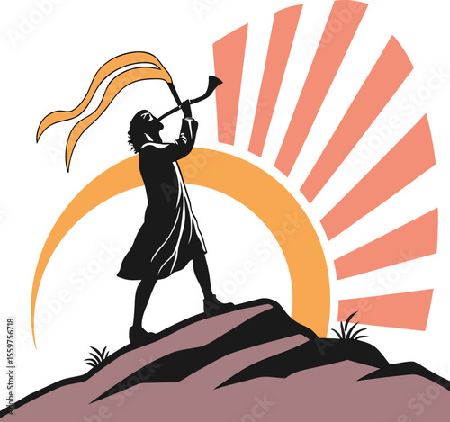 Man Blowing Shofar on Hilltop with Rising Sun Illustration