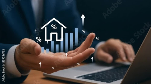 4k video, Real Estate Market Growth with Rising Interest Rates concept. Person holding virtual house icon with percentage symbols and rising bar graph, symbolizing real estate interest rates and marke
