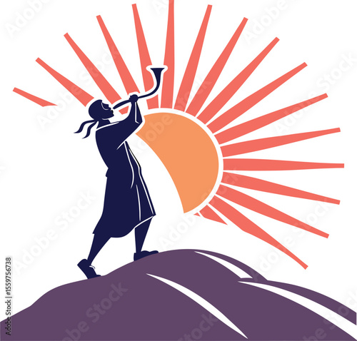 Man Blowing Shofar on Hilltop with Rising Sun Illustration