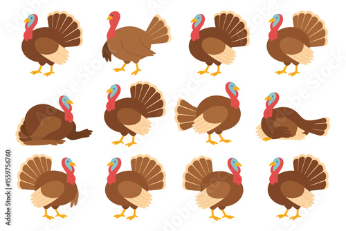Twelve Turkeys in Various Poses Thanksgiving Illustration