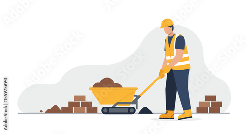 A construction worker in a yellow vest and helmet pushes a wheelbarrow filled with soil and bricks on a construction site, illustrating the building process and manual labor.