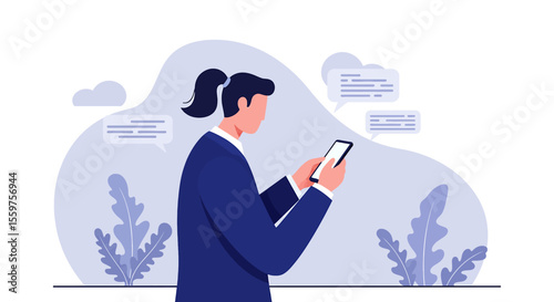 a woman in a suit is using her phone. Suitable for landing page, banner, marketing, web design, presentation, infographic, etc.