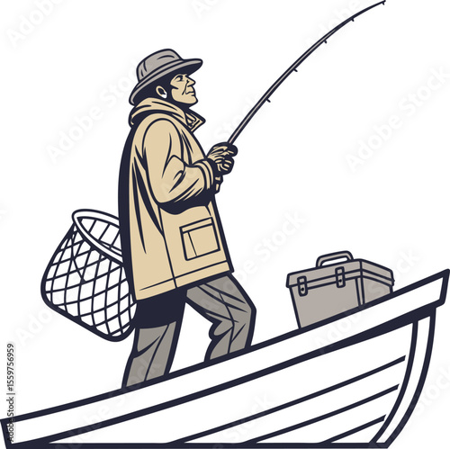 Fisherman Standing on Boat with Fishing Rod and Gear