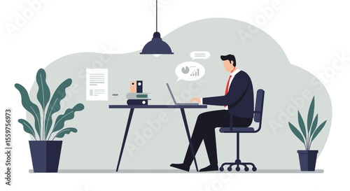 A businessman sits at his desk, working on his laptop, while contemplating financial charts and graphs in a modern, minimalist office setting.