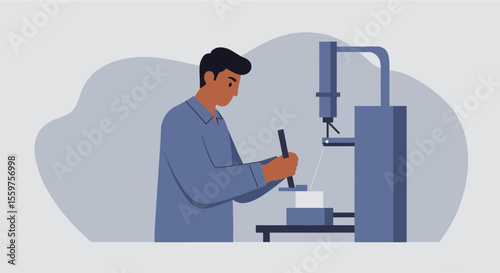 A focused male technician meticulously operates a CNC machine, precisely controlling a small workpiece during a complex manufacturing process in a modern industrial setting.