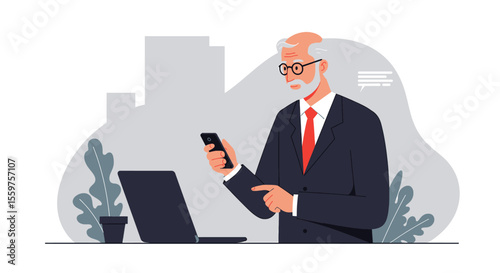 an older man in a suit and glasses using a smartphone, with a laptop and potted plant in the background. Suitable for landing page, banner, marketing, web design, presentation, infographic, etc.