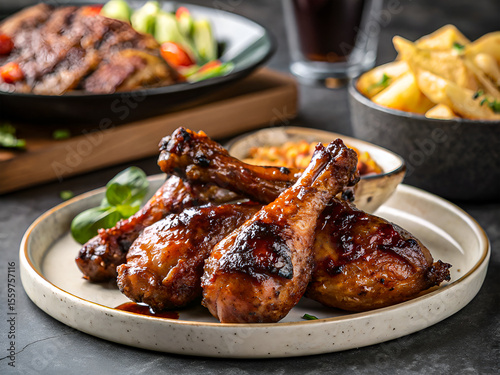 Delicious Glazed Chicken Drumsticks Dish. Tasty food background