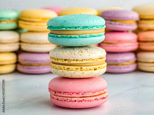 Delicious Glittery macaron cookies in pastel colors stacked together. Tasty Food background