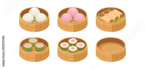 Assorted Steamed Dim Sum in Bamboo Baskets