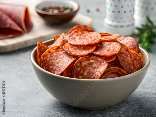 Delicious Crispy salami chips in a bowl. Tasty food background