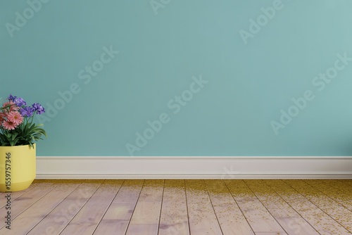 A bright yellow planter filled with pink and purple flowers sits on a light wooden floor with scattered gold confetti against a soft teal wall