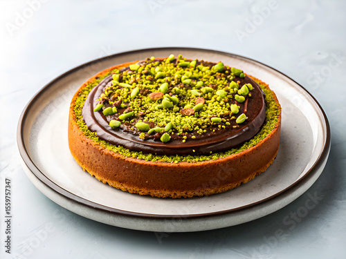Delicious Dubai chocolate pistachio cake. Tasty food background