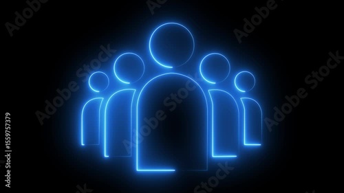 Social Media user icons, Neon blue outline, three stylized human figures, minimalist design, glowing effect, unity symbol, leadership illustration, 