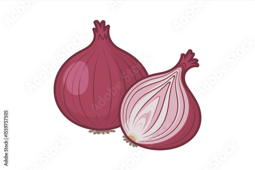 Red Onion Whole and Sliced Illustration