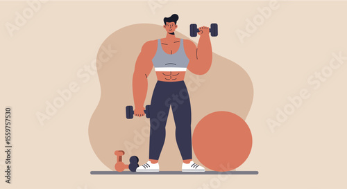 Muscular man exercising with dumbbells, fitness lifestyle, flat design illustration perfect for landing page, banner, marketing, or presentation.