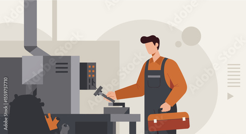 a man in an orange jumpsuit working on a machine in a workshop, with a toolbox in his hand. Suitable for landing page, banner, marketing, web design, presentation, infographic, etc.