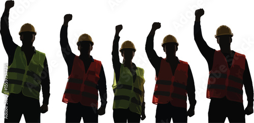 Silhouette of construction workers raising fists against a white background