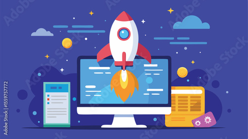 Illustration of a rocket launching from a computer screen with clouds and stars in the background design