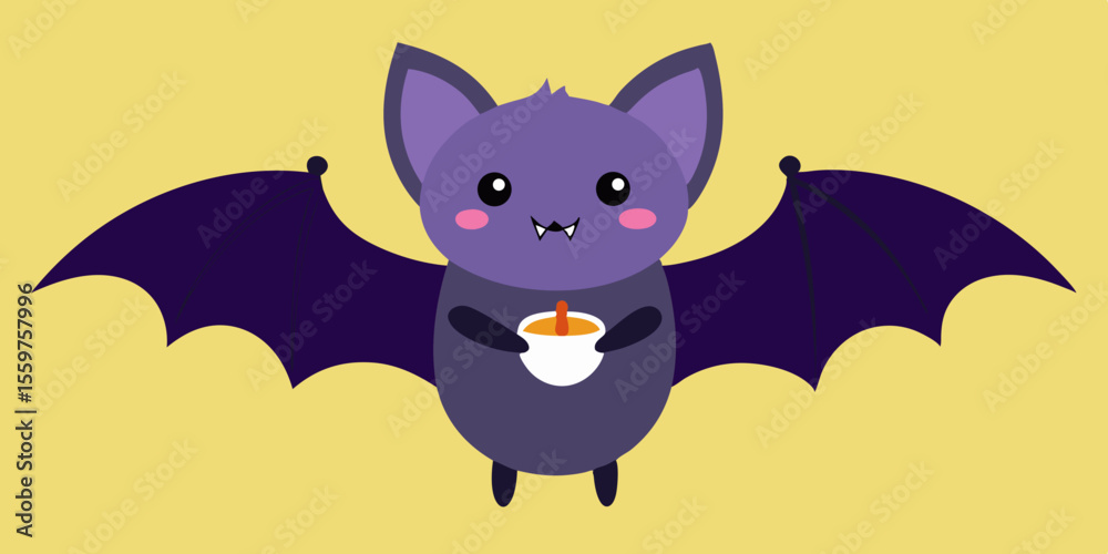 Fototapeta premium A cute cartoon black bat, a funny mammal, loves a domestic cat